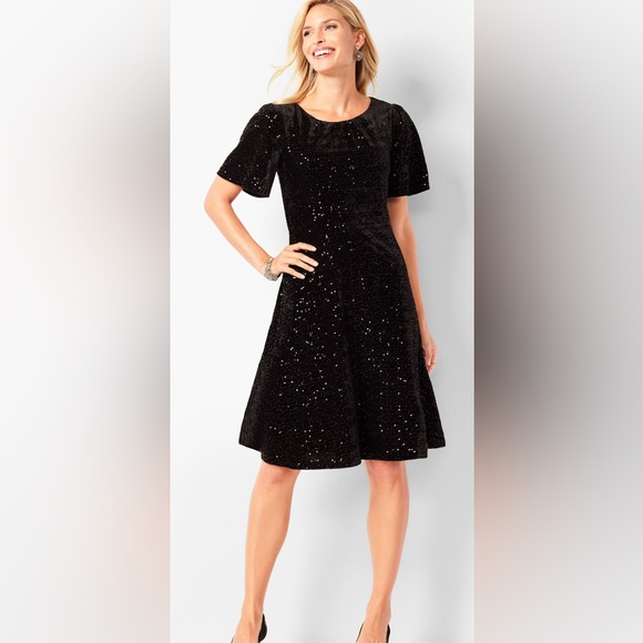 RSVP by Talbots women’s black velvet sequined fit and flare dress, size 12 - Picture 1 of 13